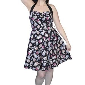Hell Bunny Black Sugar Skull Tattoo Swing Halter Dress Women’s Small Rockabilly